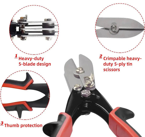 5 Blade Sheet Metal Crimping Tool for ductwork and gutters, close-up of heavy-duty 5-blade design, tin scissors, and thumb protection.