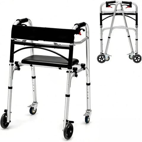 Five Height Adjustable Swivel Walker Caster Wheels Set Of 2, 3-Inch Wheel Diameter With Universal 1-Inch Leg Tubes shown on walker.
