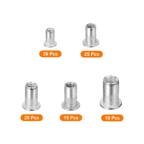 Rivet Nuts Kit With 100 Pieces In Five Thread Sizes Including 6-32, 8-32, 10-24, 10-32, And 1/4-20 Aluminum Knurled Rivet Nuts For Automotive, Electronics, And DIY Projects, Corrosion Resistant, Easy To Install By Uxcell; five sizes displayed with piece counts.