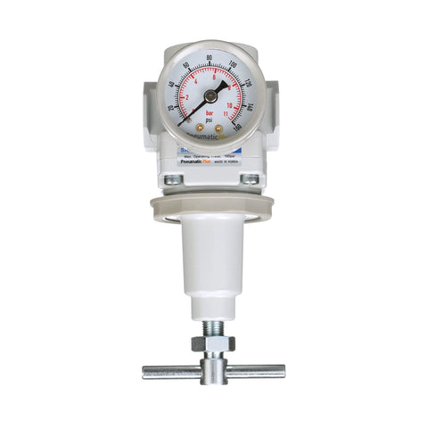 PneumaticPlus SAR300T-N03BG air pressure regulator with gauge, T-handle and bracket, 3/8 in NPT; silver/gray body.