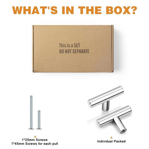 Box with screws and 10 Pack Euro Round T Bar Knobs With 2 Inch Overall Length Polished Chrome Finish Stainless Steel Single Hole Kitchen Cabinet Hardware.