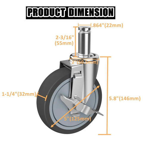 Diagram showing dimensions of 5 Inch Heavy Duty Caster Set With Brake For Wire Shelving Racks Replacement Wheels Four Pack Compatible With Metro Quantum Uline