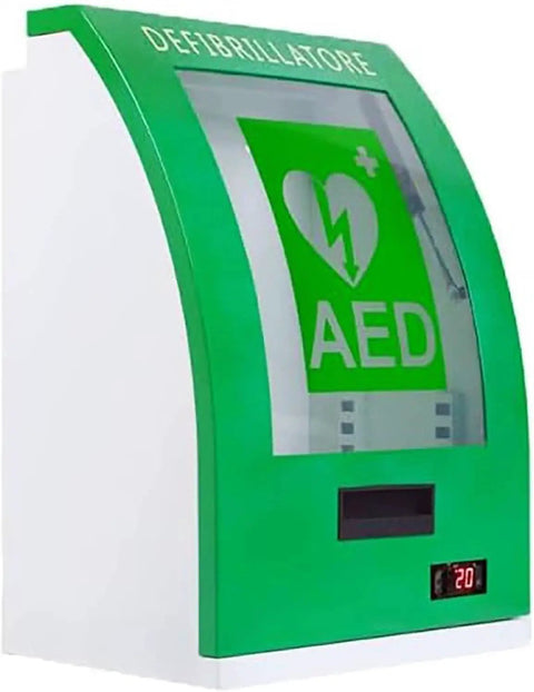 AED Defibrillator Storage Cabinet With Alarm And Key Lock Steel Wall Mount with green front and large plexiglass window.