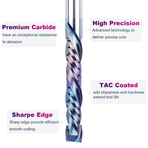 Compression Spiral Router Bit With One-Half Inch Shank Up Down Carbide CNC Bit For Wood Carving, with TAC Extreme Tool Life Coating.