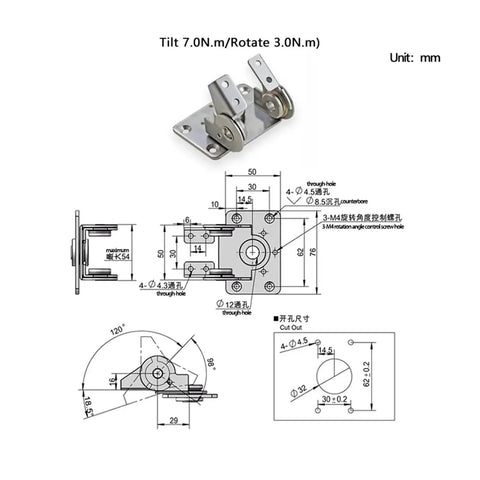 Front angled view of a 304 stainless steel adjustable positioning rotating tilting torque hinge with dual axes