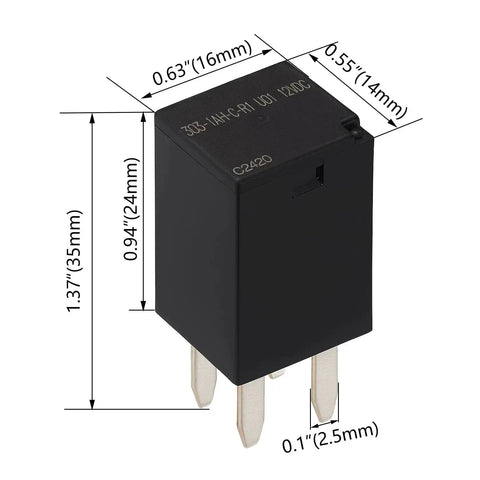 2 Pack 12V DC Automotive Relay Kit 20A SPST 4 Pin High Temp 125C shown with dimensions for Polaris, RZR, and cooling fans.