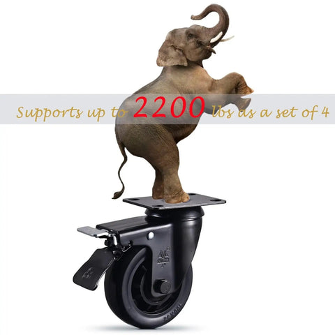 Beefy Heavy Duty 4 Inch Caster Wheels Set of 4 with Brakes Black Swivel Casters 2200 Lbs Load Capacity with elephant illustration
