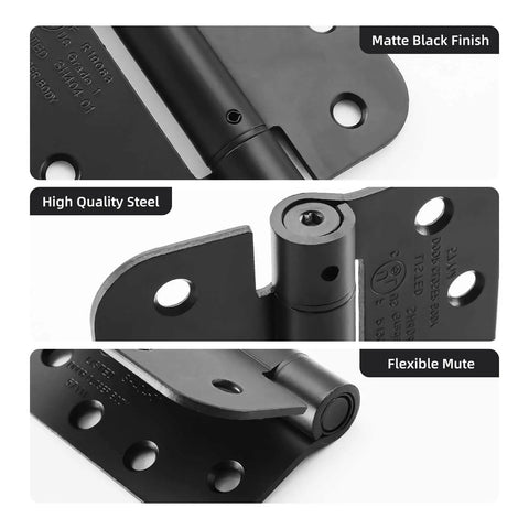 Close-up of 4 Inch Spring Loaded Self Closing Door Hinges With Adjustable Tension For Interior Doors, Matte Black Finish, showing details of the UL Listed 5/8 Inch Radius design, 2 Pack Includes Screws And Adjustment Rod For Easy Install features.