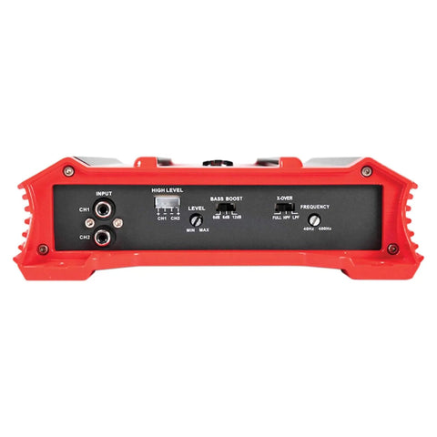 Back view of GP2000 2000W 2 Channel Car Amplifier showing inputs and controls, 12 dB crossover, black and red design.
