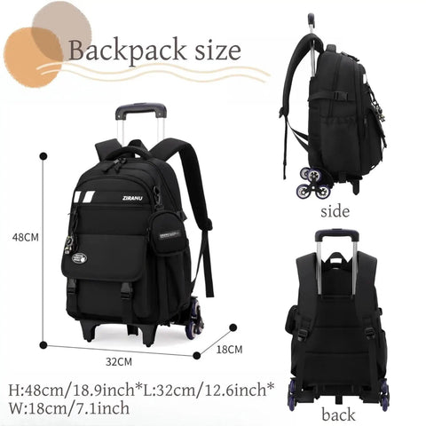 Three Piece Boys Rolling Backpack Set For School And Travel With Six Wheel Trolley Design, front and side views, size details shown.