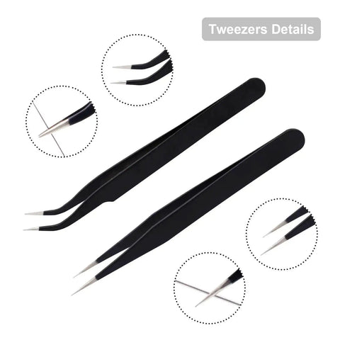Close-up of precision tweezers from 3D Printer Nozzle Cleaning Kit 13 Piece Set With 0.4mm Cleaning Needles, and Copper Wire Brush.