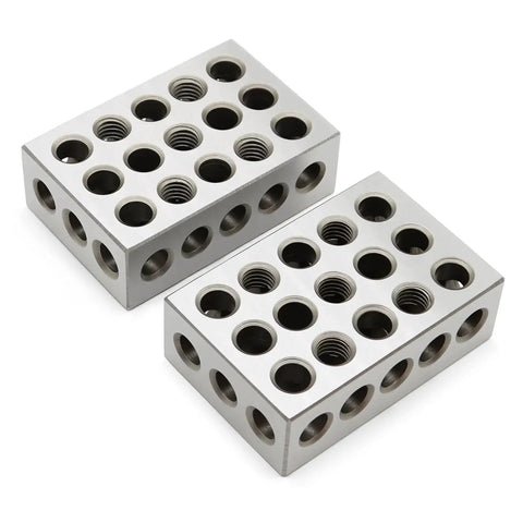 1-2-3 Inch Block Set With 23 Holes.0002 Inch Tolerance, Precision Ground And Case Hardened On All Sides, View Of Two Blocks