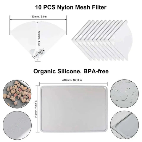 Must Have All In One Resin 3D Printer Tools Kit showing 10-piece nylon mesh filter and silicone pad for precise pouring and quality prints.