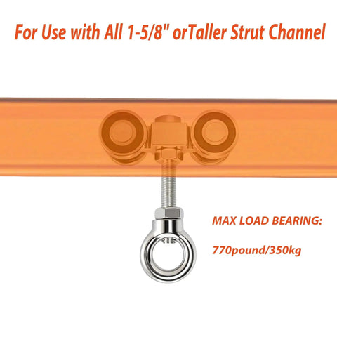 Four Wheel Silent Trolley Rollers Assembly For Strut Channel Fits 1-5/8 Inch Wide And Taller Strut Channels With M10 Bolt shown installed on strut channel, load capacity indicated.