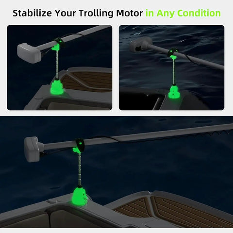 Trolling motor stabilizer mount; marine-grade aluminum, adjustable rod, locking mechanism, installed on boat.