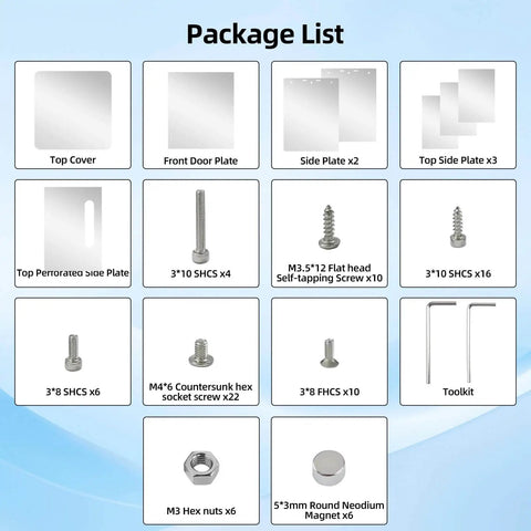 Package components of Upgraded Enclosure Kit For Falshforge AD5X 3D Printer DIY with panels, screws, toolkit.