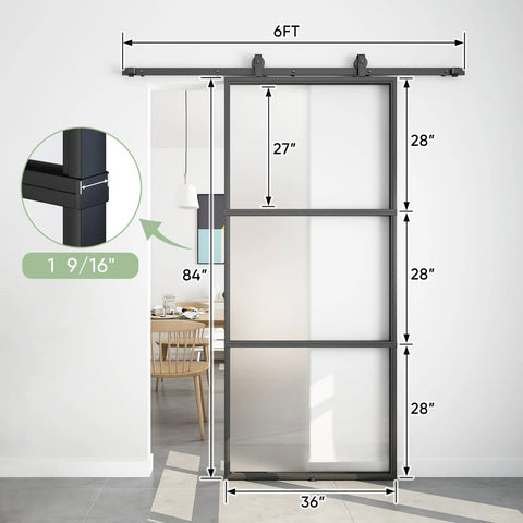 Dope 36-Inch By 84-Inch Frosted Glass Barn Door With Six-Foot Top Mounted Hardware Kit Includes Soft Close Mechanism, Black Frame