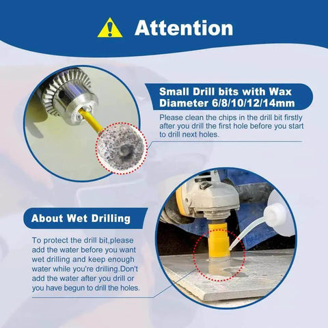 Attention sign with instructions for using small drill bits of 6/8/10/12/14mm sizes in wet drilling applications.
