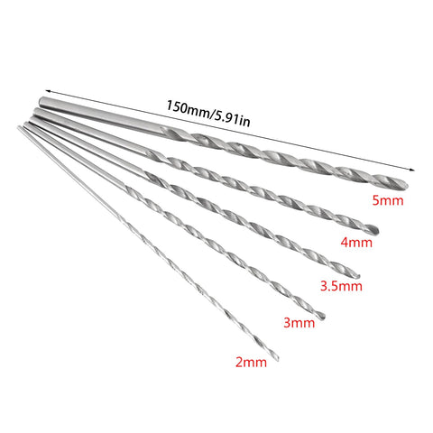 Five Piece Extra Long High Speed Steel Drill Bit Set With Long Shank For Wood Plastic Aluminum And Composite Materials HSS Twist Drill Bits In Five Sizes For Deep Holes And Beefy Durable DIY Projects.