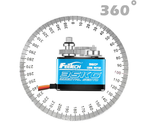Front view of FEETECH 35KG digital servo motor with blue aluminum case and metal gears for RC models