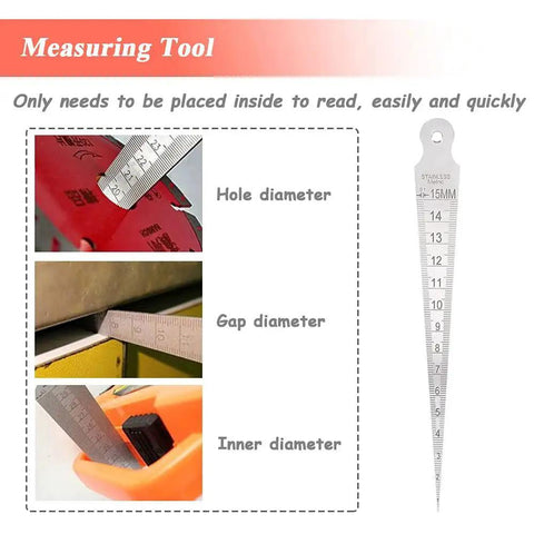 Stainless Steel Welding Taper Gauge Pro Grade, One To Fifteen Millimeter Range With Inch And Metric Scales measuring holes