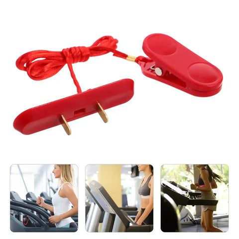 Replacement Treadmill Safety Key and Emergency Stop Clip, red dual insert design, shown with treadmill users