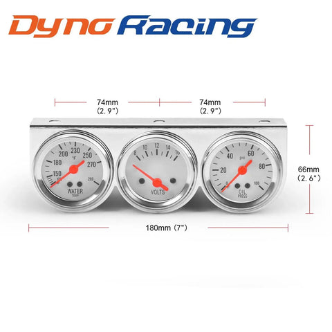 Universal Chrome 2 Inch 3 In 1 Triple Gauge Set Kit With Oil Pressure 0 To 100 PSI Volt Gauge 8 To 16V And Water Temperature 100 To 280 F