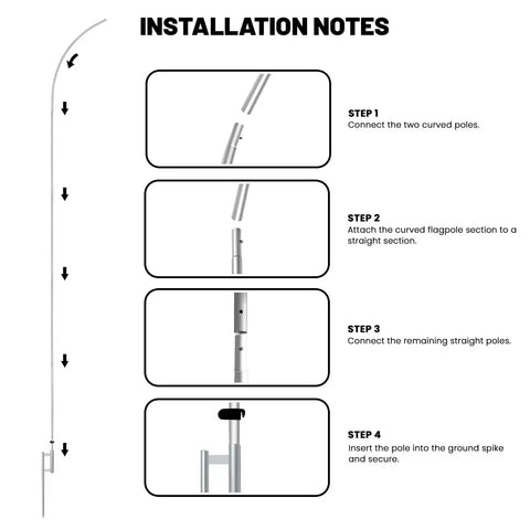 Installation steps for 18Ft Aluminum Feather Flag Pole Kit For Swooper Flags, showing pole assembly and securing with ground spike.