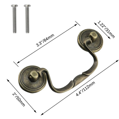 Set Of 6 Antique Bail Handle Drop Pulls With Screws In Vintage Bronze, Drawer Pulls And Cabinet Handles, shown with dimensions