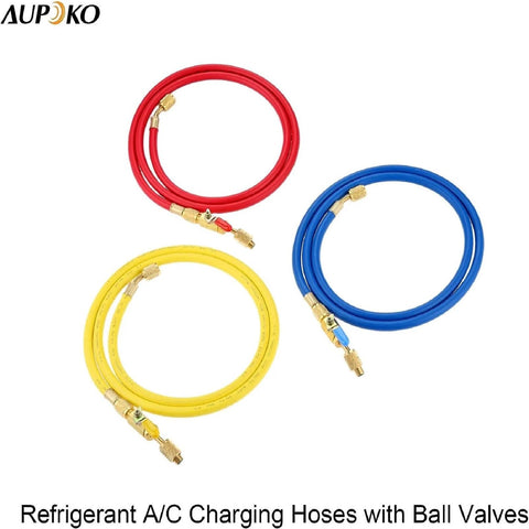 Three 60-inch AUPOKO refrigerant A/C charging hoses with ball valves in red, blue, and yellow, brass fittings