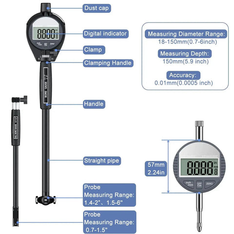 Digital Bore Gauge Set With LCD Dial Indicator For Engines, 6 Inch Depth, Measuring Range 0.7 To 6 Inches, 0.0005 Inch Precision, 23 Anvils
