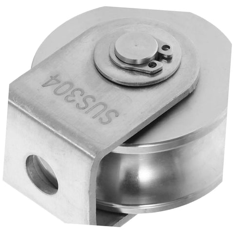 Close-up of stainless steel bearing pulley, part of Stainless Steel Bearing Pulleys For Sliding Doors Set Of Two Heavy Duty Wire Rope Wheels