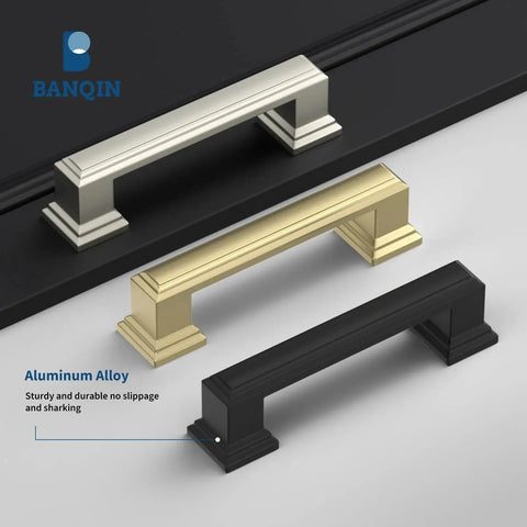 Brushed Gold Cabinet Handles 10 Pack 5 Inch Hole Center Pulls square drawer pulls with silver and black variations displayed on surface.