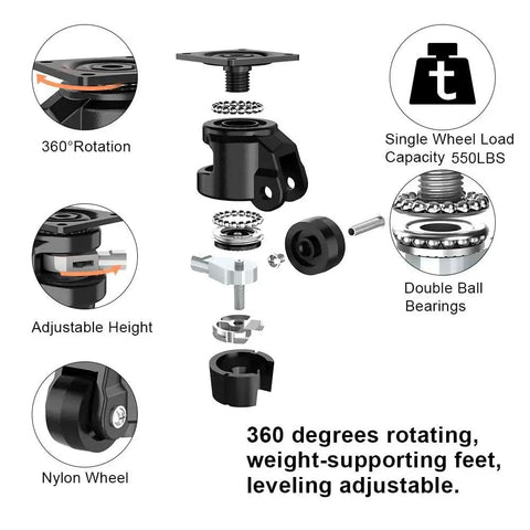 Heavy Duty Leveling Casters With Ratchet Handle Set Of 4 Industrial Casters 2200 Lbs Capacity 2 Inch Adjustable Nylon Wheels diagram