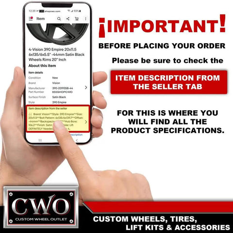 Phone screen showing wheel rim item description on Custom Wheel Outlet site with "Important!" message.