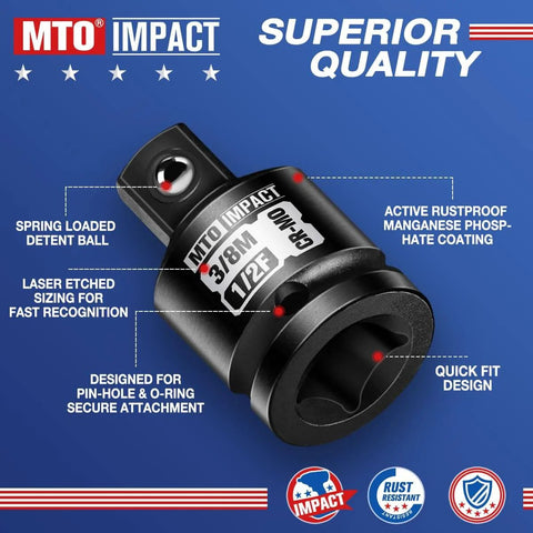 Two Piece 1/2 Inch Female To 3/8 Inch Male Impact Socket Adapter Set, Chrome Molybdenum Alloy Steel, close-up view