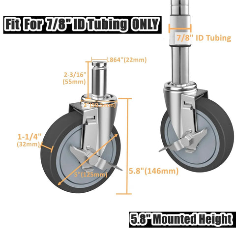 Diagram of 5 inch heavy duty caster set with brake for wire shelving racks showing dimensions and 7/8 inch ID tubing fit.