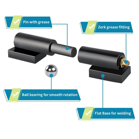Heavy Duty 2 Set Gate Hinge 7 Inch Weld On Barrel Style For Swing Gates And Trailer Ramp Gates With 4400 Lbs Total Load Capacity Made From AISI 1045 Steel Black Powder Coat Finish Rust Resistant Skelang components with grease fittings and flat bases for welding.