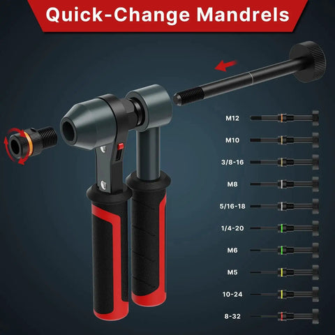 Rivet Nut Tool Kit With Ratcheting Mechanism And Quick Change Mandrels For Fast Installations Includes 10 Metric And SAE Mandrels