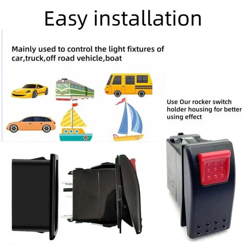 Rocker switch, black housing with red actuator; 12V 20A, 5-pin SPST marine waterproof with locking mechanism and jumper wires