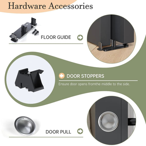 Image showing hardware accessories for Bypass Double Sliding Pocket Door Hardware Kit for 4 Door System Aluminum Track.
