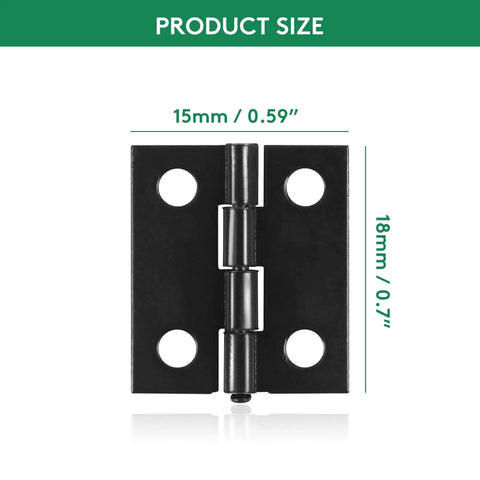 Black hinge 18x15mm shown in close-up, part of 50 Pcs Mini Black Hinges For Wooden Boxes With 240 Replacement Screws DIY kit