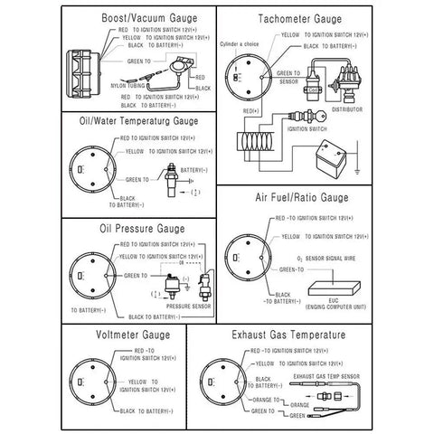 Diagram showing installation instructions for car gauges including oil pressure, tachometer, and boost with wiring details.