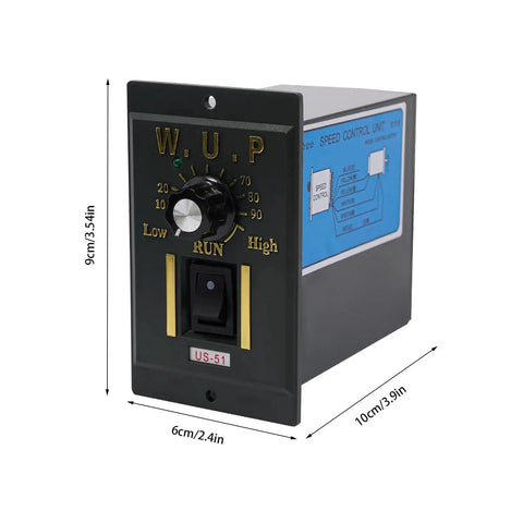 Image of a speed controller unit for AC 110V Worm Gear Reducer Motor with a dial, switches, and dimensions visible, suitable for CNC machines.