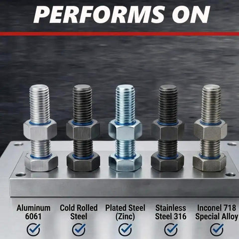 Blue Gel Threadlocker, Medium Strength, on various metal fasteners including aluminum, steel, and Inconel for testing.