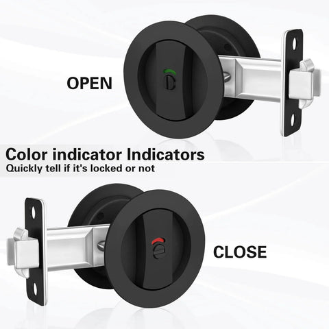 Round Pocket Door Lock And Edge Pull Privacy Latch With Color Coded Indicators Dope Matte Black Flush Pocket Door Hardware in open and close positions