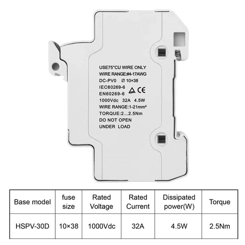 PV Solar Fuse Holder 2 Pole With 35mm DIN Rail Mount For Solar Arrays HSPV 30D DC 1000V 32A With Grey Enclosure Back View
