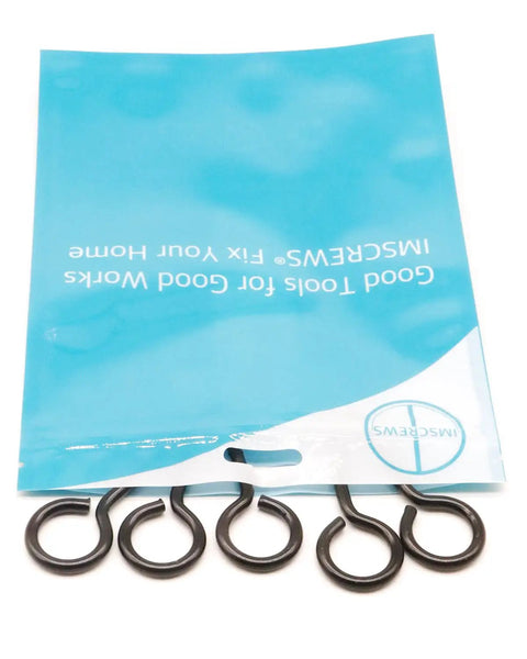 Four two and a half inch black screw eyes for wood and cable, 304 stainless steel, shown with packaging, rust resistant eyelets.