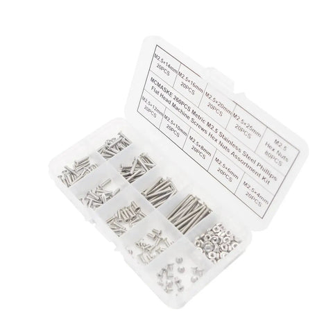 Open top view of 260 Piece Metric M2.5 Stainless Steel Phillips Flat Head Screws With Hex Nuts Assortment Kit for Electronics DIY Projects