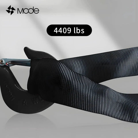 Side view of Mode black polyester lifting sling; 6.56 ft by 1.96 in, 4409 lb capacity
